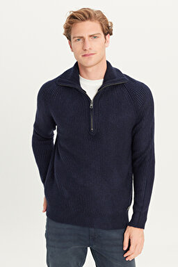 Regular Fit Normal Kesim Fermuar Detaylı Lacivert Triko Kazak - Navy-L242496410