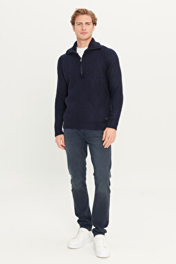 Regular Fit Normal Kesim Fermuar Detaylı Lacivert Triko Kazak - Navy-L242496410 (görsel 3)
