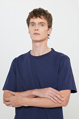 Regular Fit Normal Kesim Bisiklet Yaka %100 Pamuk Lacivert Tişört - Navy-L242526410 (görsel 4)