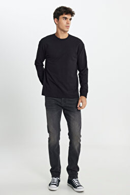 Loose Fit Rahat Kesim Bisiklet Yaka %100 Pamuk Siyah Uzun Kollu Tişört - Black-L242528001 (görsel 2)