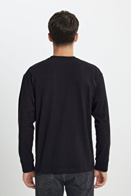 Loose Fit Rahat Kesim Bisiklet Yaka %100 Pamuk Siyah Uzun Kollu Tişört - Black-L242528001 (görsel 5)