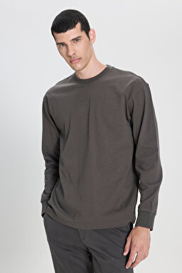 Loose Fit Rahat Kesim Bisiklet Yaka %100 Pamuk Antrasit Uzun Kollu Tişört - Anthracite-L242528003