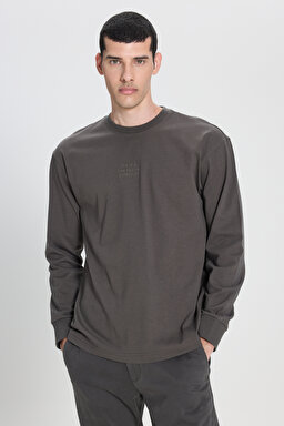 Loose Fit Rahat Kesim Bisiklet Yaka %100 Pamuk Antrasit Uzun Kollu Tişört - Anthracite-L242528003 (görsel 2)