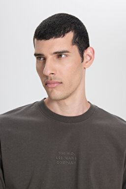 Loose Fit Rahat Kesim Bisiklet Yaka %100 Pamuk Antrasit Uzun Kollu Tişört - Anthracite-L242528003 (görsel 5)