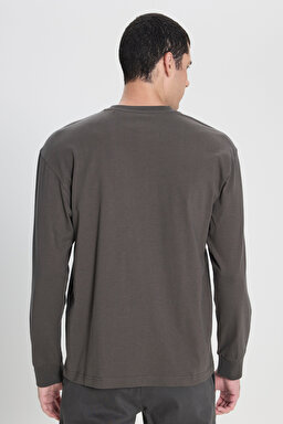 Loose Fit Rahat Kesim Bisiklet Yaka %100 Pamuk Antrasit Uzun Kollu Tişört - Anthracite-L242528003 (görsel 6)