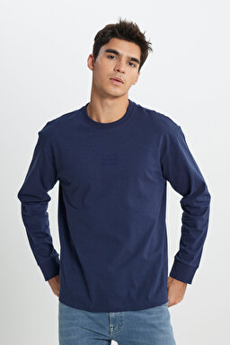 Loose Fit Rahat Kesim Bisiklet Yaka %100 Pamuk Lacivert Uzun Kollu Tişört - Navy-L242528410