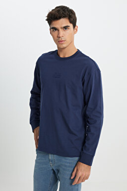 Loose Fit Rahat Kesim Bisiklet Yaka %100 Pamuk Lacivert Uzun Kollu Tişört - Navy-L242528410 (görsel 2)