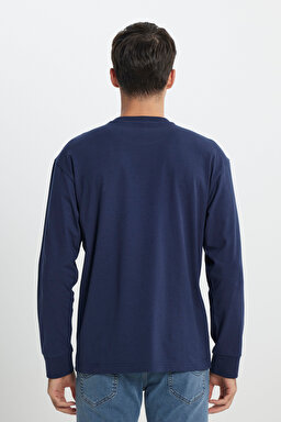 Loose Fit Rahat Kesim Bisiklet Yaka %100 Pamuk Lacivert Uzun Kollu Tişört - Navy-L242528410 (görsel 5)