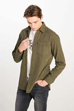 Regular Fit Normal Kesim %100 Pamuk Gömlek Ceket - Khaki-L242546801 (görsel 2)