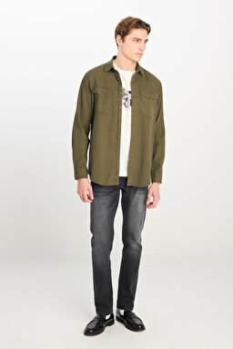 Regular Fit Normal Kesim %100 Pamuk Gömlek Ceket - Khaki-L242546801 (görsel 3)