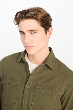 Regular Fit Normal Kesim %100 Pamuk Gömlek Ceket - Khaki-L242546801 (görsel 4)