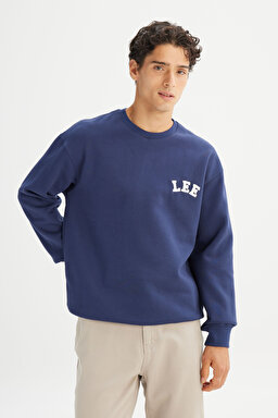 Pamuklu Relaxed Fit Bisiklet Yaka İçi Polarlı Logo Detaylı Sweatshirt - Navy-L242547410 (görsel 3)