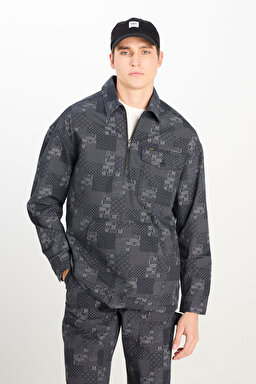 %100 Pamuk Loose Fit Rahat Kesim Fermuar Detaylı Desenli Siyah Ceket - Black-L2510057001