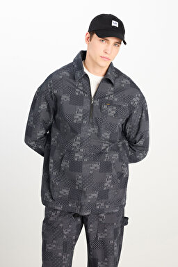 %100 Pamuk Loose Fit Rahat Kesim Fermuar Detaylı Desenli Siyah Ceket - Black-L2510057001 (görsel 2)