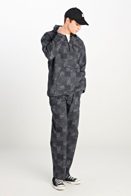 %100 Pamuk Loose Fit Rahat Kesim Fermuar Detaylı Desenli Siyah Ceket - Black-L2510057001 (görsel 3)