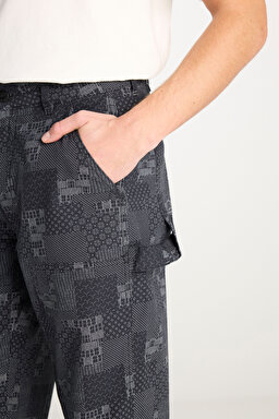 %100 Pamuk Carpenter Fit Geniş Kesim Desenli Siyah Pantolon - Black-L2510058001 (görsel 6)