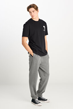 %100 Pamuk Relaxed Fit Geniş Kesim Bisiklet Yaka Siyah Tişört - Black-L2510086001 (görsel 3)