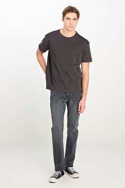 %100 Pamuk Relaxed Fit Geniş Kesim Bisiklet Yaka Antrasit Basic T-shirt - Anthracite-L2510096003 (görsel 3)