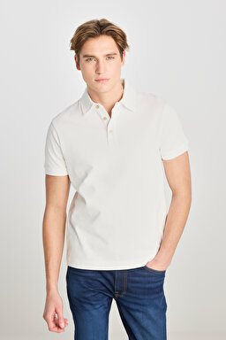 %100 Pamuk Regular Fit Normal Kesim Ekru Polo Yaka Tişört - Ecru-L2510123104