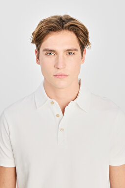 %100 Pamuk Regular Fit Normal Kesim Ekru Polo Yaka Tişört - Ecru-L2510123104 (görsel 4)