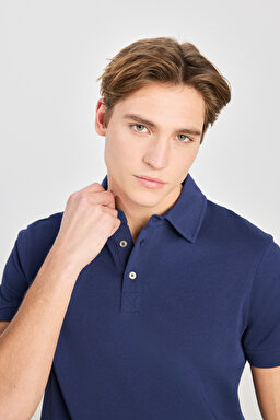 %100 Pamuk Regular Fit Normal Kesim Lacivert Polo Yaka Tişört - Navy-L2510123410 (görsel 4)