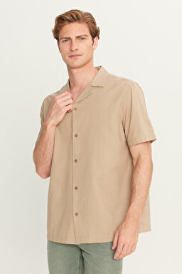 Relaxed Fit Geniş Kesim Pamuk Keten Karışımlı Bej Gömlek - Beige-L2510128614