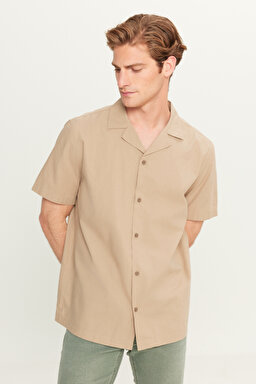 Relaxed Fit Geniş Kesim Pamuk Keten Karışımlı Bej Gömlek - Beige-L2510128614 (görsel 2)