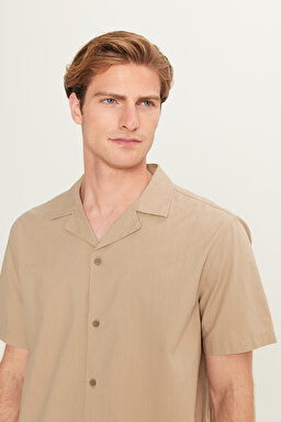 Relaxed Fit Geniş Kesim Pamuk Keten Karışımlı Bej Gömlek - Beige-L2510128614 (görsel 4)