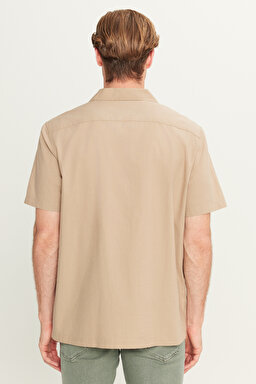 Relaxed Fit Geniş Kesim Pamuk Keten Karışımlı Bej Gömlek - Beige-L2510128614 (görsel 5)