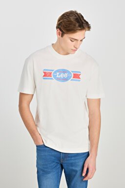 %100 Pamuk Relaxed Fit Geniş Kesim Bisiklet Yaka Baskılı Ekru Tişört - Ecru-L2510146104 (görsel 2)