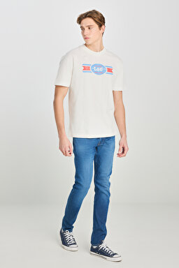 %100 Pamuk Relaxed Fit Geniş Kesim Bisiklet Yaka Baskılı Ekru Tişört - Ecru-L2510146104 (görsel 3)