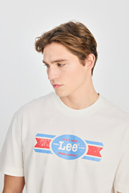 %100 Pamuk Relaxed Fit Geniş Kesim Bisiklet Yaka Baskılı Ekru Tişört - Ecru-L2510146104 (görsel 4)