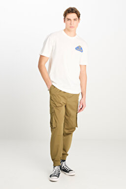 %100 Pamuk Relaxed Fit Geniş Bisiklet Yaka Baskılı Ekru Tişört - Ecru-L2510147104 (görsel 3)