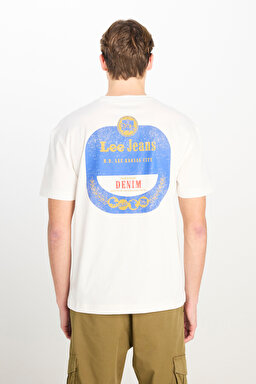 %100 Pamuk Relaxed Fit Geniş Bisiklet Yaka Baskılı Ekru Tişört - Ecru-L2510147104 (görsel 6)