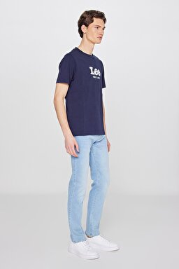 %100 Pamuk Regular Fit Normal Kesim Bisiklet Yaka Aplikeli Tişört - Navy-L2510154410 (görsel 3)