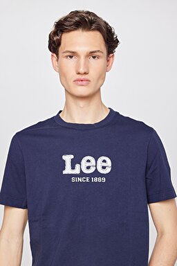 %100 Pamuk Regular Fit Normal Kesim Bisiklet Yaka Aplikeli Tişört - Navy-L2510154410 (görsel 4)