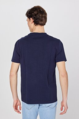 %100 Pamuk Regular Fit Normal Kesim Bisiklet Yaka Aplikeli Tişört - Navy-L2510154410 (görsel 5)
