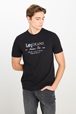 %100 Pamuk Regular Fit Normal Kesim Bisiklet Yaka Grafik Baskılı Siyah Tişört - Black-L2510172001 (görsel 2)