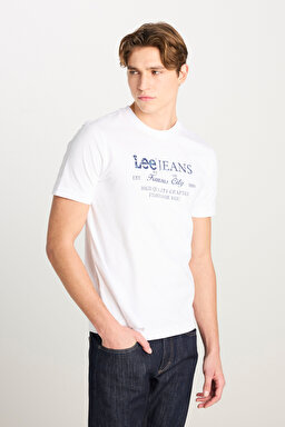 %100 Pamuk Regular Fit Normal Kesim Bisiklet Yaka Beyaz Baskılı Tişört - White-L2510172100