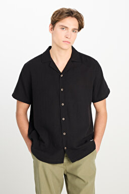 %100 Pamuk Relaxed Fit Geniş Kesim Siyah Müslin Gömlek - Black-L2510207001