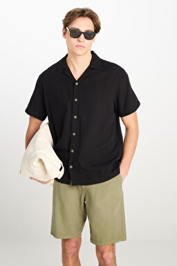 %100 Pamuk Relaxed Fit Geniş Kesim Siyah Müslin Gömlek - Black-L2510207001 (görsel 2)
