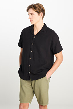 %100 Pamuk Relaxed Fit Geniş Kesim Siyah Müslin Gömlek - Black-L2510207001 (görsel 3)
