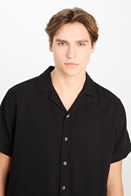 %100 Pamuk Relaxed Fit Geniş Kesim Siyah Müslin Gömlek - Black-L2510207001 (görsel 5)