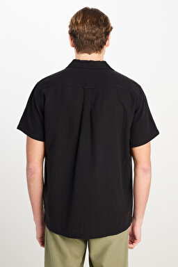 %100 Pamuk Relaxed Fit Geniş Kesim Siyah Müslin Gömlek - Black-L2510207001 (görsel 6)