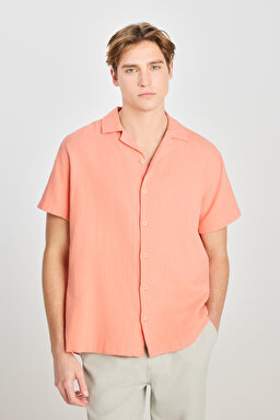 %100 Pamuk Relaxed Fit Geniş Kesim Mercan Rengi Müslin Gömlek - DarkCoral-L2510207828