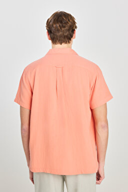 %100 Pamuk Relaxed Fit Geniş Kesim Mercan Rengi Müslin Gömlek - DarkCoral-L2510207828 (görsel 5)