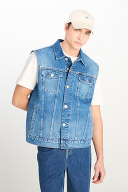 %100 Pamuk Relaxed Fit Geniş Kesim Cep Detaylı Mavi Denim Yelek - Mid Indigo-L2510254381 (görsel 2)