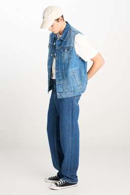 %100 Pamuk Relaxed Fit Geniş Kesim Cep Detaylı Mavi Denim Yelek - Mid Indigo-L2510254381 (görsel 3)
