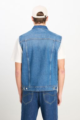 %100 Pamuk Relaxed Fit Geniş Kesim Cep Detaylı Mavi Denim Yelek - Mid Indigo-L2510254381 (görsel 5)