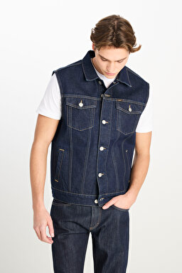 %100 Pamuk Relaxed Fit Geniş Kesim Lacivert Denim Yelek - Raw-L2510255049 (görsel 2)
